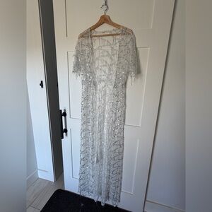Beaded Sheer Maxi Dress Overlay in Silver size Medium white